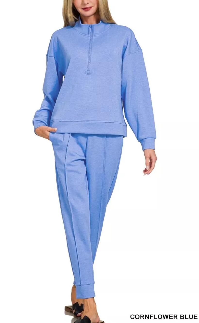 Zenana Cornflower Blue Small Half Zip Pullover Jogger Matching Set Athleisure